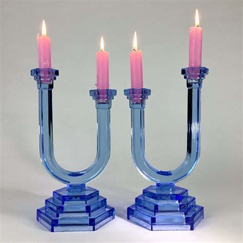 Pair Of Art Deco Blue Glass Candlesticks