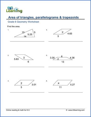 grade  geometry worksheets area  triangles parallelograms trapezoids