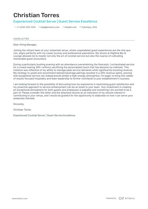 Professional Cocktail Waitress Cover Letter Examples And Template For 2025 Enhancv