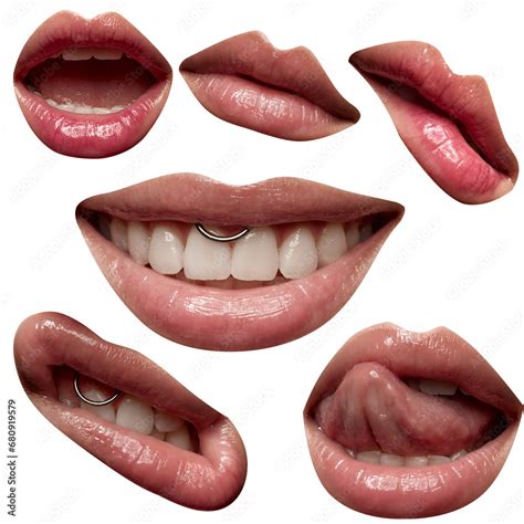 Collage Made Of Expressive Sensual Perfect Female Plump Lips With Nude Color Lipstick Isolated