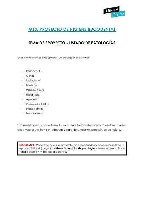 Listado De Patologias Proyecto Higiene Bucodental M Proyecto De