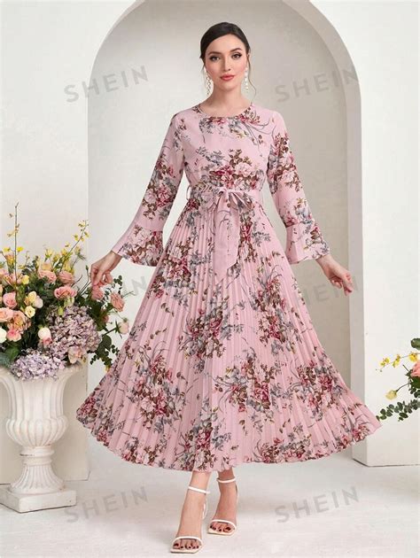 Shein Modely Floral Print Flounce Sleeve Pleated Hem Belted Dress