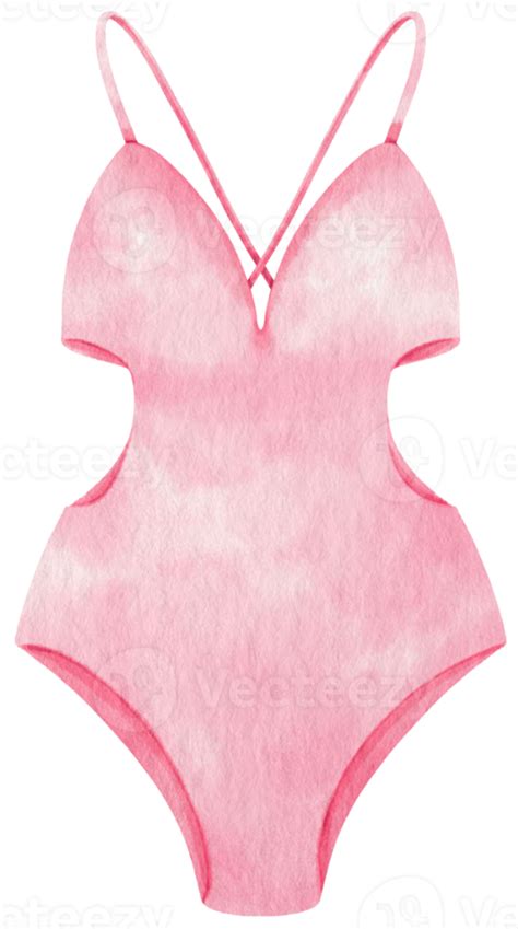 Pink One Piece Bikini Swimsuits Watercolor Style For Decorative Element Png