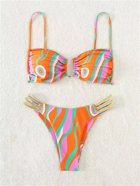 Sexy U Wire Push Up Bikini Women Pleate Orange Floral Print Micro Swimwear 2024 Summer Bathing