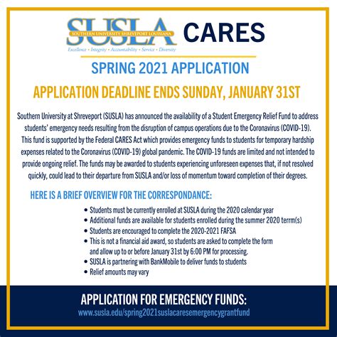 susla cares spring  emergency grant funds southern university
