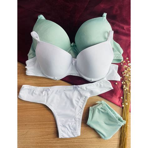 Kit c Conjunto Lingerie Liso sutiã reforçado e calcinha tanga basica confortavél dia a dia