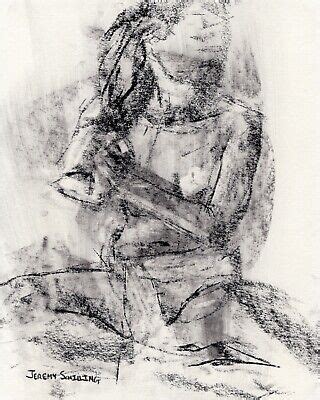 FEMALE NUDE FIGURE Original Charcoal Drawing Naked Woman Braided Blonde Hair BIN 28 21