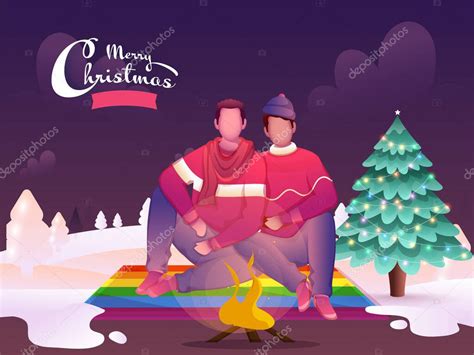 Pareja gay de dibujos animados sentada frente a una hoguera con un árbol de Navidad decorativo