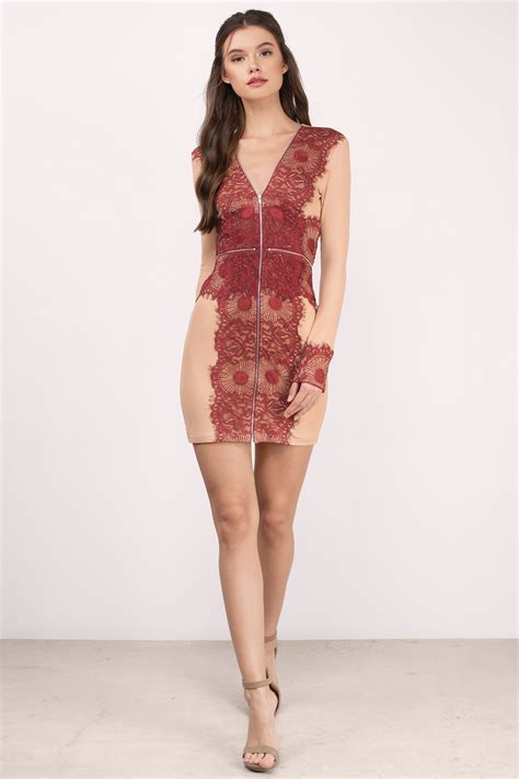 Red Mini Dress Lace Bodycon Dress Wine And Nude V Neckline Dress