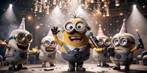 The Image Depicts A Group Of Minions Celebrating On A Stage The Central