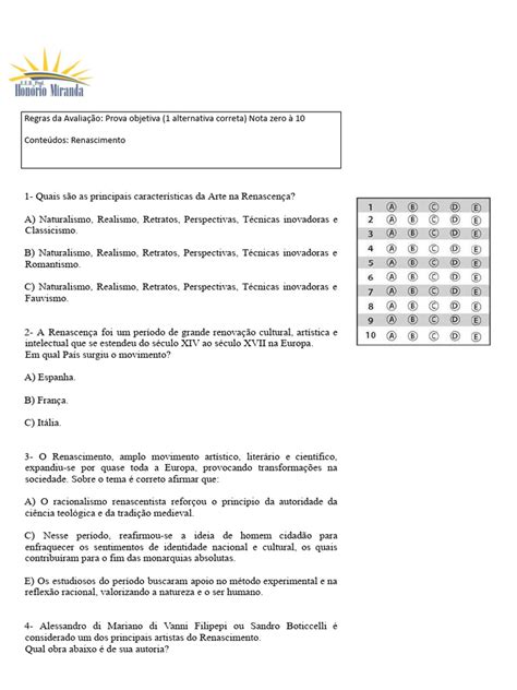 Prova Renascimento Com Gabarito Pdf Renascimento Realismo Artes