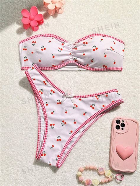 Shein Swim Mod Cherry Printed Bandeau Bikini With Separate Bottom Swimwear Set Shein Uk