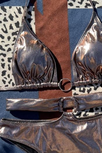 Wholesale Sexy Holographic Padded Halter Neck Ring Linked Triangle Sparkly Bikini Sets Ba