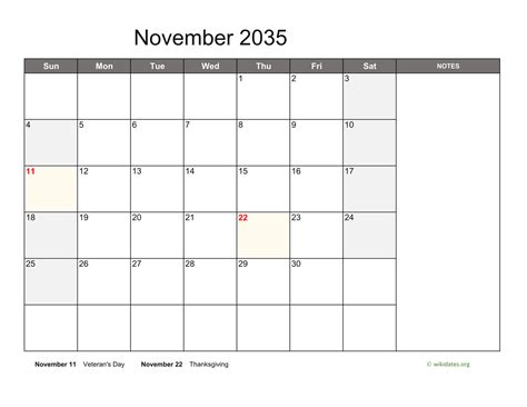 November 2035 Calendar With Notes