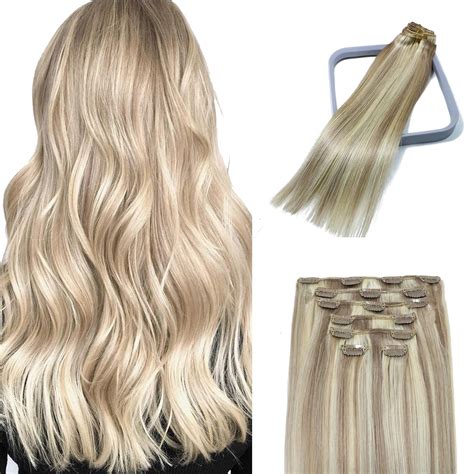 UGOTRAYS Clip In Hair Extensions Ash Blonde With Bleach Blonde 8A Grade Long Straight Smooth