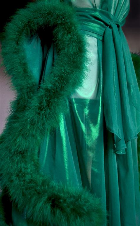 Green Feather Metallic Chiffon Long Boudoir Robe Sexy Lingerie