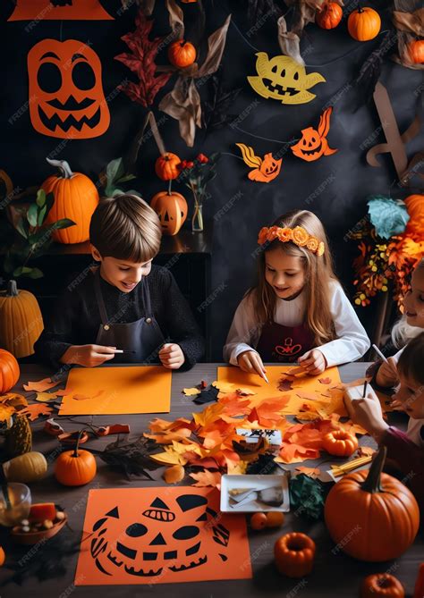 Premium AI Image | A group of children making spooky Halloween crafts ...