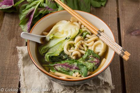 Vegetable Udon Noodle Soup With Red Amaranth And Bok Choy