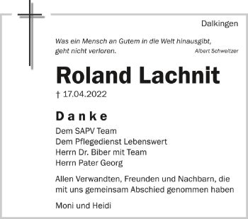 Traueranzeigen Von Roland Lachnit Schwaebische De Trauerportal