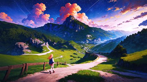 Mountain Anime Girl Hiking Journey Through Alpine Valley Wallpaper,HD