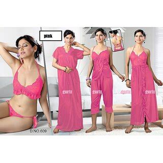 Womens Sleep Wear Pc Bra Panty Top Capri Nighty Over Coat Hot Sexy Babydoll Night Set Big Fun