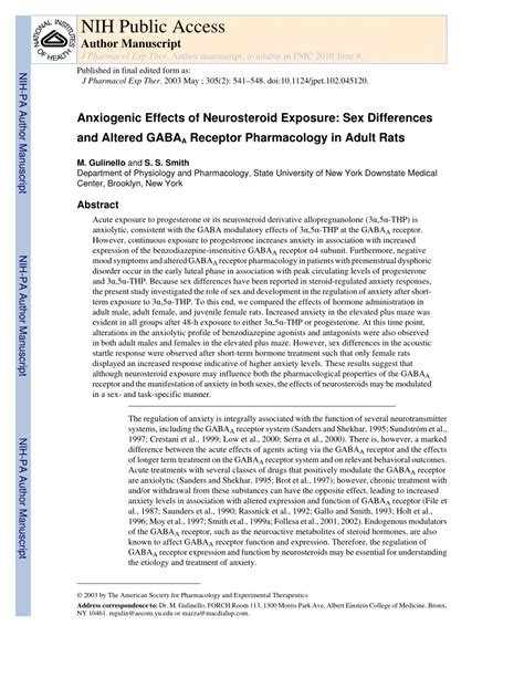 Pdf Anxiogenic Effects Of Neurosteroid Exposure Sex Differences And Altered Gabaa Receptor