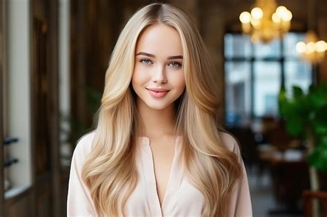 Premium Photo Smiling Blonde Woman Portrait In Elegant And Spacious Loft With Modern Interior