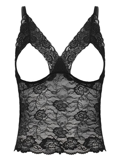 Womens Sheer Mesh Lingerie Set Lace Trim Open Cup Babydolls Dress Camisole Vest EBay