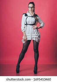 Brunette Model Skirt Posing Pink Background Stock Photo Shutterstock