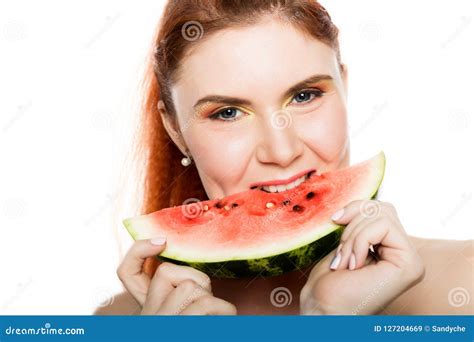 Beautiful Nude Redhead Woman Eating A Slice Of Watermelon Concept Of Healthy Eating Stock Image