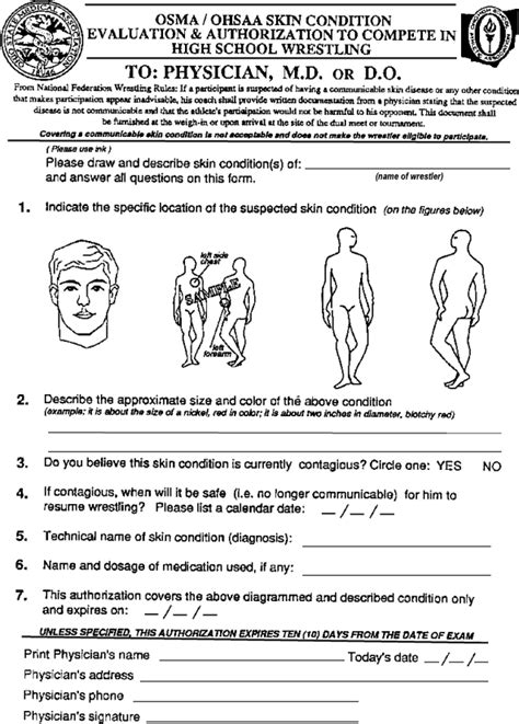 wrestling skin condition evaluation form