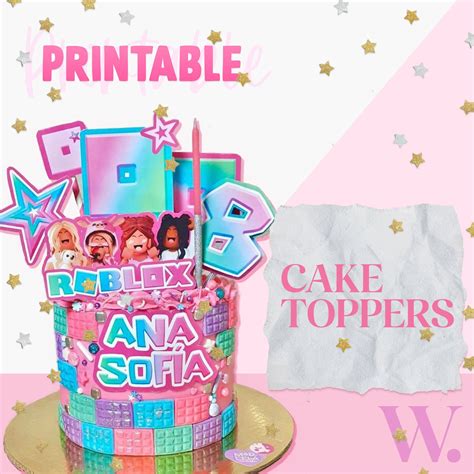 Roblox Custom Printable Party Toppers For Cakes Birthday Pink Party Girls Holographic Stars