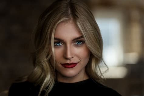 Mark Prinz Bokeh Blue Eyes Red Lipstick Women Blonde Smirk Allie