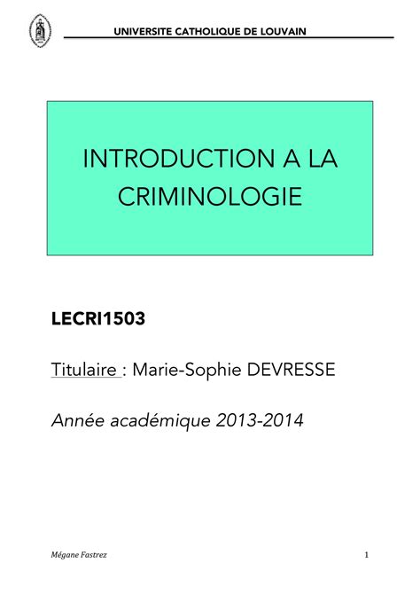 Introduction A La Criminologie UNIVERSITE CATHOLIQUE DE LOUVAIN