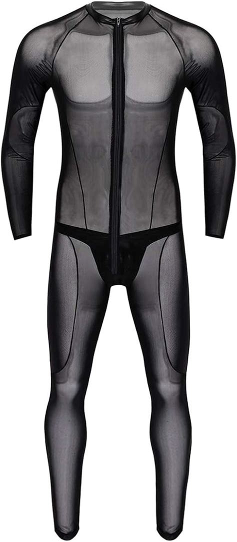 Inhzoy Men S Mesh See Through Sheer Lingerie Long Sleeves Leotard Bodysuit With G String Briefs
