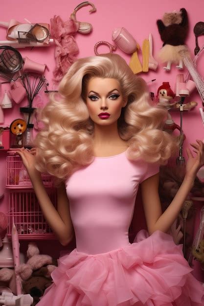 Premium AI Image A Model With Long Blonde Hair And A Pink Dress With A Doll On The Left