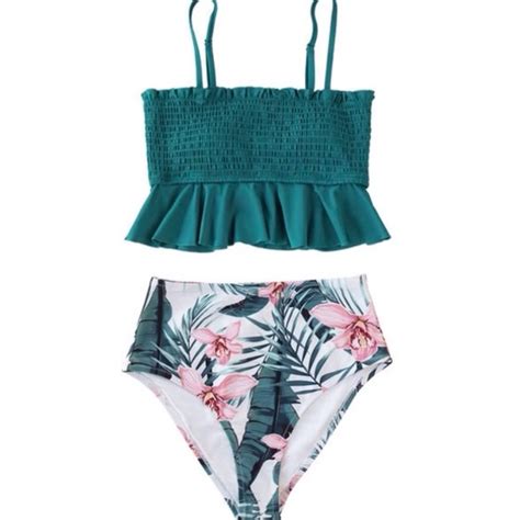 Cupshe Swim Cupshe Smocked Blue Leaves Print Bikini Sets Women Ruffle Highwaist Tankini Xxl