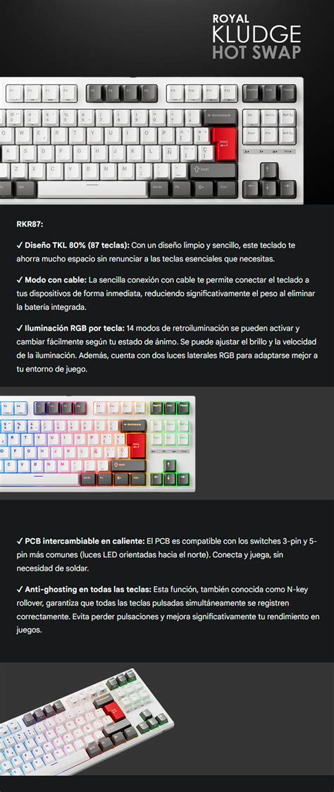 Teclado Mecánico ROYAL KLUDGE RKR87 80 Alámbrico Red Switch Hot Swap Para Juegos con