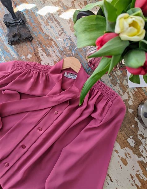 70 S Vintage Secretary Pussy Bow Dusty Rose Blouse Si Gem
