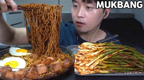 스팸짜파게티 갓담근 파김치 꿀조합 먹방 SPAM BLACK BEAN NOODLES GREEN ONION KIMCHI