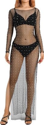 Qtinghua Sexy Women See Through Pearl Rhinestone Bikini Cover Up Long