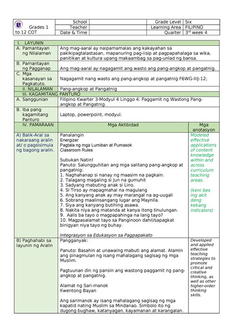 Fil 6 Wk4 Nagagamit Nang Wasto Ang Pang Angkop At Pangatnig Grades 1