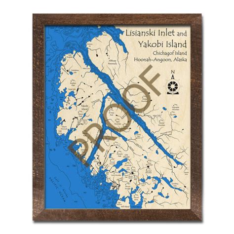 Lisianski Inlet - Yakobi Island 3D Wood Map, Alaska, Nautical Wood Chart