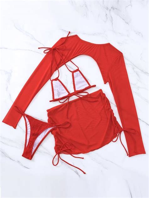 Conjunto De Bikini Texturizado Micro Sujetador Y Tanga Con Cuello Halter Fruncido Y Traje De