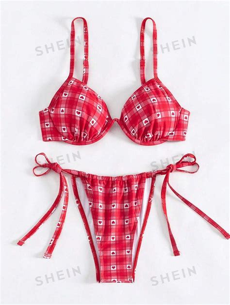 Shein Swim Conjunto De Bikini De Verano Con Estampado De Corazones Y Cuadros Lindo Para Mujeres