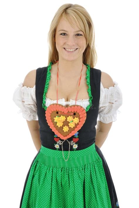 Blonde Woman Wears Bavarian Dirndl For Oktoberfest In Germany Stock