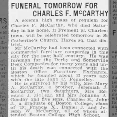 Obituary For CHARLES F McCarthy Newspapers