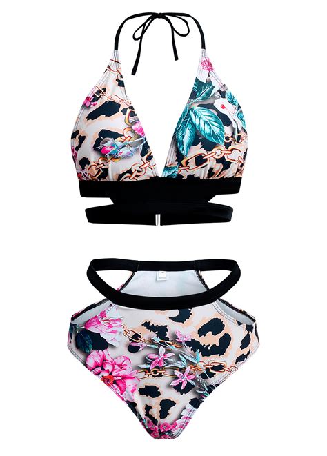 Floral Print Halter Leopard Bikini Set Modlily Usd