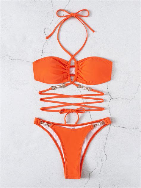 Bikini Swimsuit For Women Orange Summer Beach Bathing Suits Milanoo
