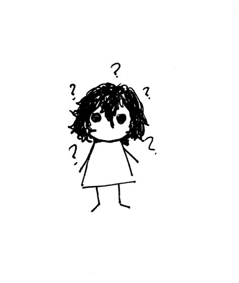 A Black And White Drawing Of A Girl With Question Marks Above Her Head